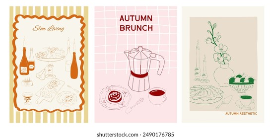 Collection of Retro posters. Slow living Fall posters. Food Poster template. Interior posters set. Invitation or greeting card template. Inspiration posters. Editable vector illustration.