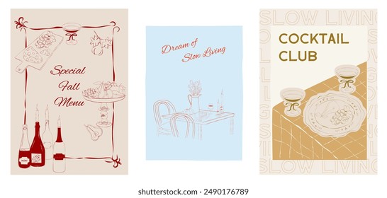 Collection of Retro posters. Slow living Fall posters. Food Poster template. Interior posters set. Invitation or greeting card template. Inspiration posters. Editable vector illustration.