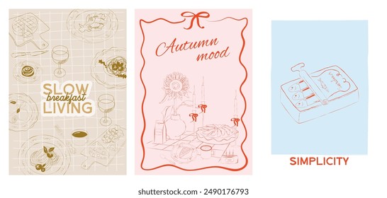 Collection of Retro posters. Slow living Fall posters. Food Poster template. Interior posters set. Invitation or greeting card template. Inspiration posters. Editable vector illustration.