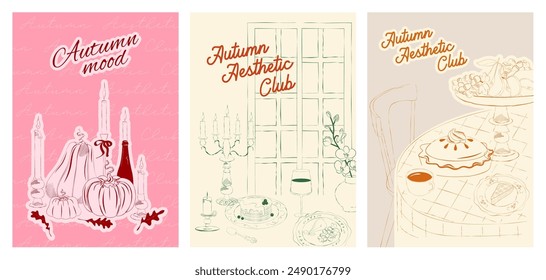 Collection of Retro posters. Slow living Fall posters. Food Poster template. Interior posters set. Invitation or greeting card template. Inspiration posters. Editable vector illustration.