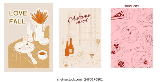 Collection of Retro posters. Slow living Fall posters. Food Poster template. Interior posters set. Invitation or greeting card template. Inspiration posters. Editable vector illustration.