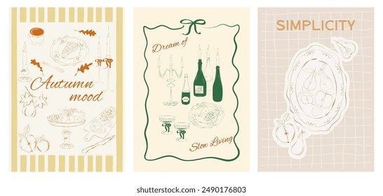 Collection of Retro posters. Slow living Fall posters. Food Poster template. Interior posters set. Invitation or greeting card template. Inspiration posters. Editable vector illustration.