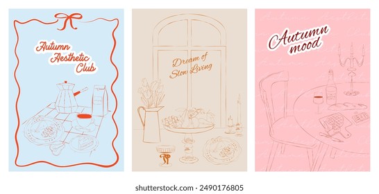 Collection of Retro posters. Slow living Fall posters. Food Poster template. Interior posters set. Invitation or greeting card template. Inspiration posters. Editable vector illustration.