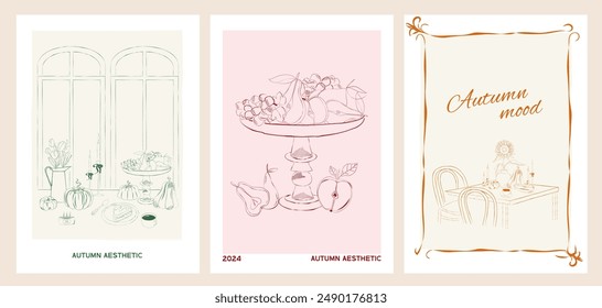 Collection of Retro posters. Slow living Fall posters. Food Poster template. Interior posters set. Invitation or greeting card template. Inspiration posters. Editable vector illustration.