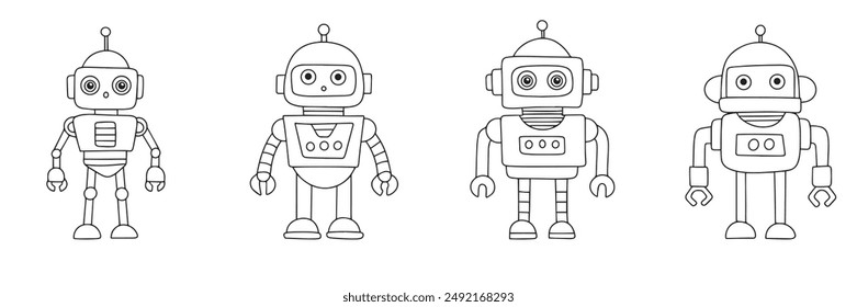 Kollektion von Retro-Robotern im Doodle-Stil. Handgezeichnete Vektorgrafik.