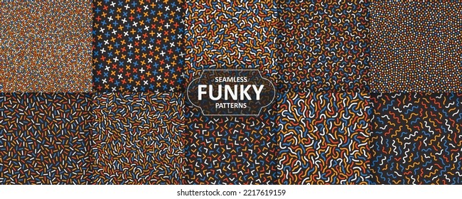 Kollektion nahtloser geometrischer Muster aus Retro. Braune Vektorgrafik-trendige Vintage-Hintergründe - bunter Mosaik funky Texturen. Mode im Stil der 80-90er Jahre.