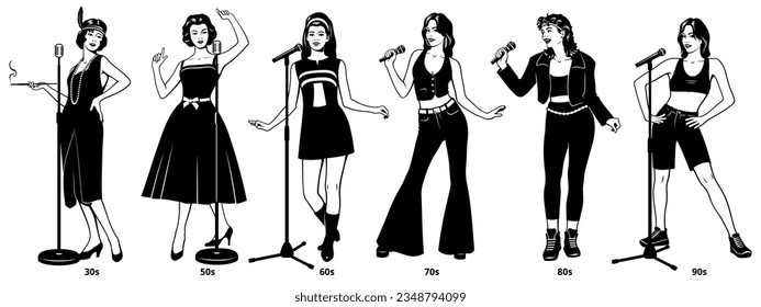 Collection of Retro Singers Women from 20s to 90s. Black and white ink style vector cliparts. Microphones with stands are the separate objects.