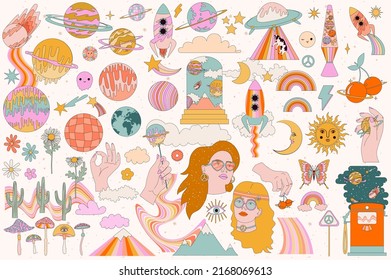 Collection of retro space elements with hippie girl, pop art, 70s elements, psychedelic illustration. Editable Vector Illustration