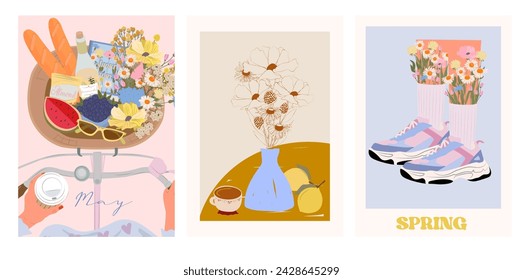 Collection of Retro Spring posters. Spring art posters.  Floral Poster template. Interior posters set. Inspiration posters. Editable vector illustration.