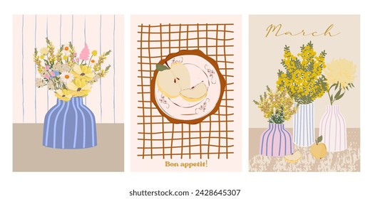 Collection of Retro Spring posters. Spring art posters.  Floral Poster template. Interior posters set. Inspiration posters. Editable vector illustration.