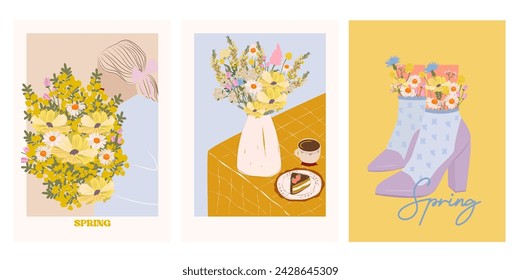 Collection of Retro Spring posters. Spring art posters.  Floral Poster template. Interior posters set. Inspiration posters. Editable vector illustration.