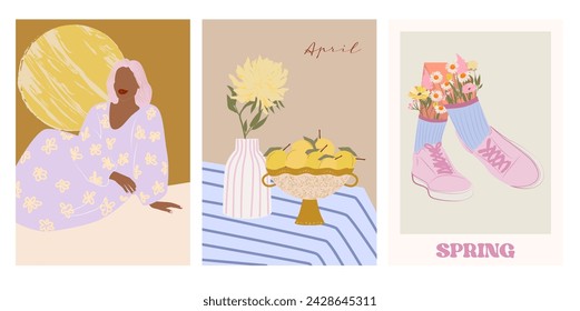 Collection of Retro Spring posters. Spring art posters.  Floral Poster template. Interior posters set. Inspiration posters. Editable vector illustration.