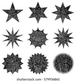 Collection retro stars shapes. Elements grunge texture to create distressed effect. Black sparkles. Best for sale sticker, price label, quality sign. Vintage postal stamps and postmarks.