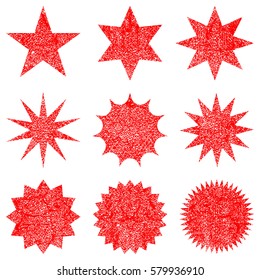 Collection retro stars shapes. Elements grunge texture to create distressed effect. Red sparkles. Best for sale sticker, price label, quality sign. Vintage postal stamps and postmarks