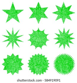 Collection retro stars shapes. Elements grunge texture to create distressed effect. Green sparkles. Best for sale sticker, price label, quality sign. Vintage postal stamps and postmarks
