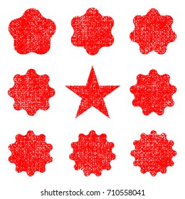 Collection retro stars shapes. Set rays design elements, grunge texture to create distressed effect. Red sparkles. Best for sale sticker, price label, quality sign. Vintage postal stamps and postmarks