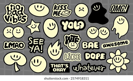 Collection of retro stickers with phrases like 'YOLO', 'OMG', 'Kiss Me', and 'No Bad Vibes' Features smiley faces and playful designs in bold, fun styles Funky stickers, vector set