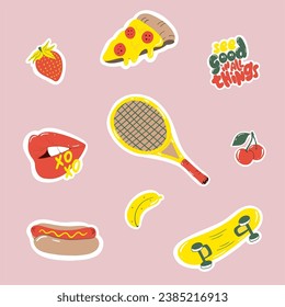 Collection of retro stickers. Pizza, hot dog, tennis racquet, skateboard, banana, strawberry, red lips. Patch bundle in hipster style. Hand drawn isolated vector design
