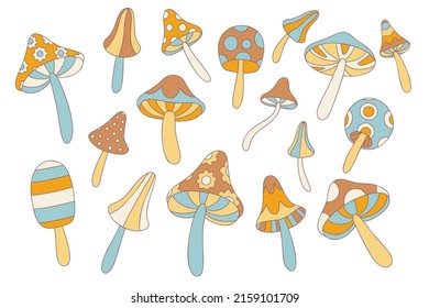 Colección de setas retro en los años 70 aisladas en blanco. Flores Niño, Vintage, Estilo Hippie mosca agaric, conjunto amanita. Hongos vectoriales de estilo retro.