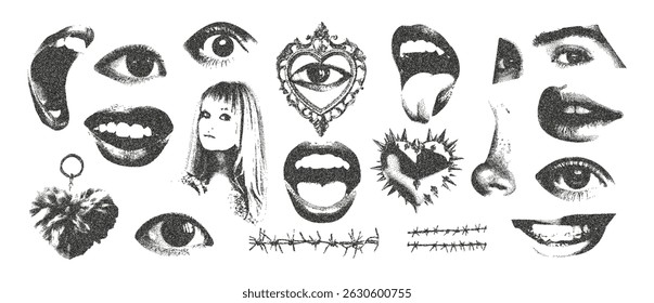 Collection of retro stipple photocopy mouths, eyes, frame and heart. Retro design bold in halftones. Vector illustration.