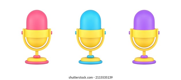 Collection retro studio microphones on rack for loud voice speaking, singing, interview 3d isometric icon vector illustration. Set decorative vintage mic electronic device for speech announce isolated