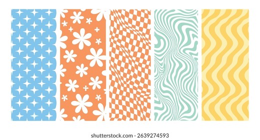 A collection of retro style abstract seamless patterns in a psychedelic color palette for various design projects