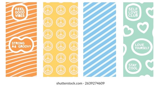 Collection of retro style designs featuring positive messages, peace symbols, and stylish graphic elements