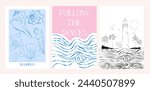 Collection of retro summer posters. Vintage Coastal Wall arts. Sea wave, tropical vibe. Inspiration quotes. Collection of interior posters. Editable vector illustration. 