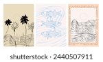 Collection of retro summer posters. Vintage Coastal Wall arts. Sea wave, tropical vibe. Inspiration quotes. Collection of interior posters. Editable vector illustration. 