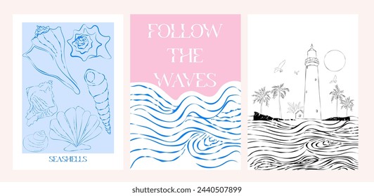 Collection of retro summer posters. Vintage Coastal Wall arts. Sea wave, tropical vibe. Inspiration quotes. Collection of interior posters. Editable vector illustration. 