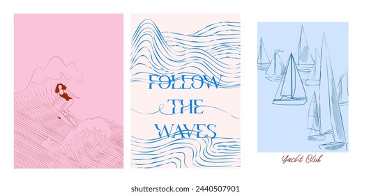 Collection of retro summer posters. Vintage Coastal Wall arts. Sea wave, tropical vibe. Inspiration quotes. Collection of interior posters. Editable vector illustration. 