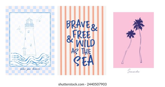 Collection of retro summer posters. Vintage Coastal Wall arts. Sea wave, tropical vibe. Inspiration quotes. Collection of interior posters. Editable vector illustration. 