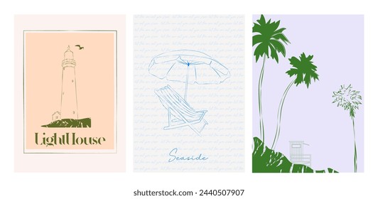 Collection of retro summer posters. Vintage Coastal Wall arts. Sea wave, tropical vibe. Inspiration quotes. Collection of interior posters. Editable vector illustration. 