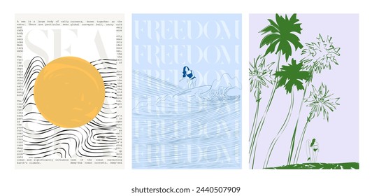 Collection of retro summer posters. Vintage Coastal Wall arts. Sea wave, tropical vibe. Inspiration quotes. Collection of interior posters. Editable vector illustration. 