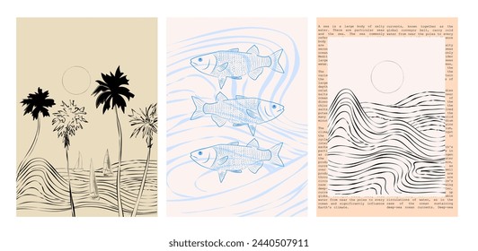 Colección de carteles de verano retro. Vintage Coastal Wall arts. Onda marina, ambiente tropical. Citas de inspiración. Colección de carteles interiores. Ilustración vectorial editable. 