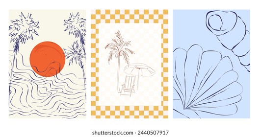 Collection of retro summer posters. Vintage Coastal Wall arts. Sea wave, tropical vibe. Inspiration quotes. Collection of interior posters. Editable vector illustration. 