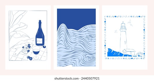 Collection of retro summer posters. Vintage Coastal Wall arts. Sea wave, tropical vibe. Inspiration quotes. Collection of interior posters. Editable vector illustration. 
