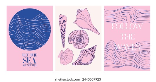 Collection of retro summer posters. Vintage Coastal Wall arts. Sea wave, tropical vibe. Inspiration quotes. Collection of interior posters. Editable vector illustration. 