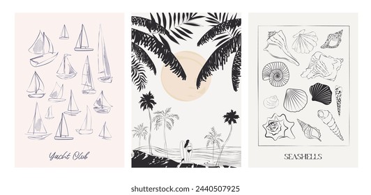 Collection of retro summer posters. Vintage Coastal Wall arts. Sea wave, tropical vibe. Inspiration quotes. Collection of interior posters. Editable vector illustration. 