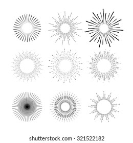 Collection Of Retro Sunburst. Set Of Vintage Light Rays. Hand Drawn Vector Design Elements. Geometric Shapes And Star Burst. Hipster Style Frames By Ink And Brush. For Your Design And Business Project