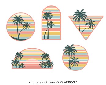 Collection of a retro sunset badges with silhouettes of palm trees. Vector illustration isolated on white background