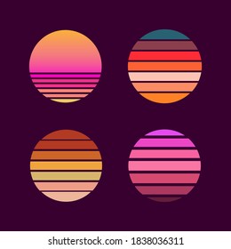 Collection of retro sunsets in the style of the 80-90s. Abstract background with a sunny gradient. Bright colors. Design template for logo, icons, banners, prints. Isolated dark background. Vector