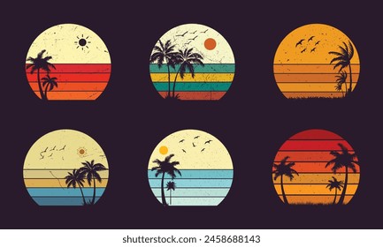 Collection of retro sunsets in the style of the 80-90s. Abstract background with a sunny gradient. Design template for icons, banners, prints. Isolated dark background with grunge effects.