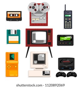 Collection of retro technique, audio music cassette, reel recorder, portable radio, pager, TV, tetris, diskette, computer vector Illustrations on a white background