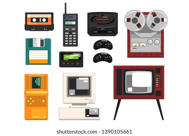 Collection of retro technique, audio music cassette, reel recorder, portable radio, pager, TV,  diskette, computer vector Illustrations on a white background