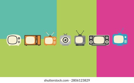 Collection of retro television set vector icons with vintage screens, antennas, and dials against a colorful split background.