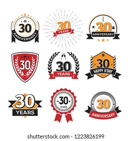 Collection of retro thirty anniversary logo. Set of Isolated vintage icons of 30 th years celebrating vector illustration