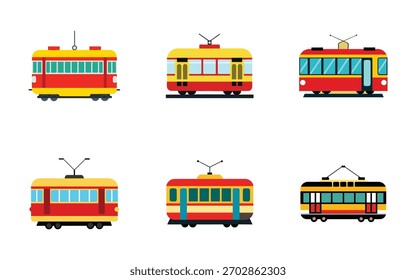 Colección de Ilustraciones vectoriales de tranvía retro Varios Diseños y Colores Conceptos de Transporte público Ideal para Diseños gráficos