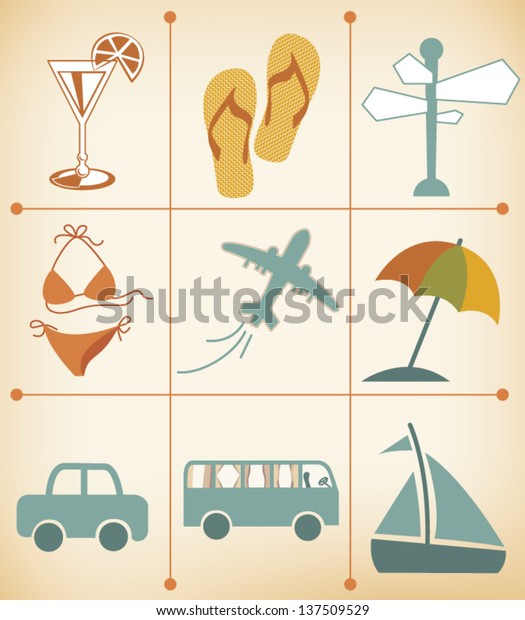Collection of retro\
travel signs and page design elements for summer vacation traveling\
tourists and\
agencies