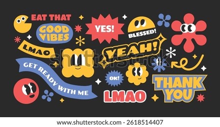 Collection of retro trendy y2k style cartoon stickers, badges, patchs with slang words.